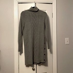 Medium grey J.Crew turtleneck sweater dress with button detailing on left side.